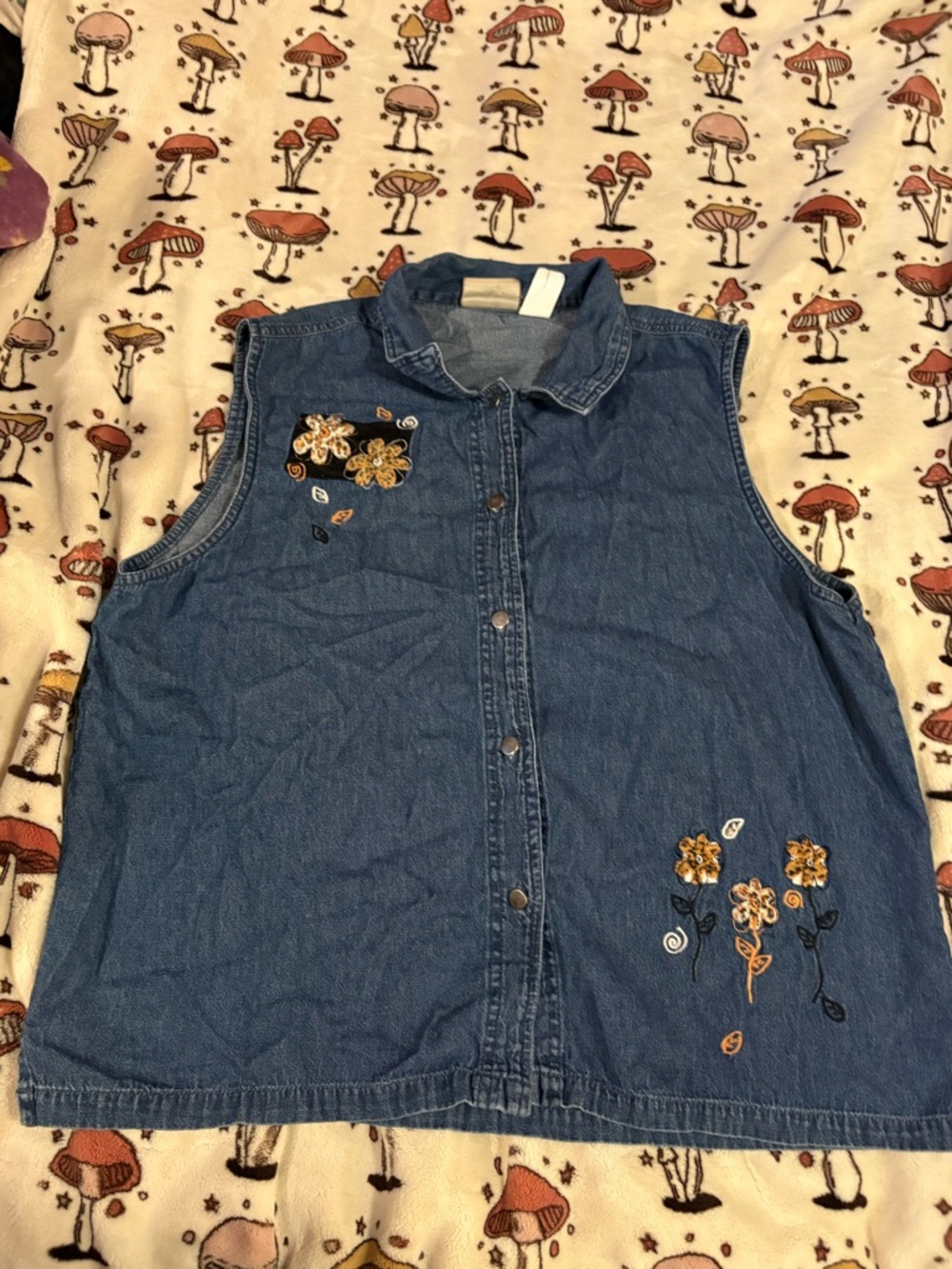 Vintage Decorated Originals Leopard Print Embroidered Sleeveless Denim Vest Top